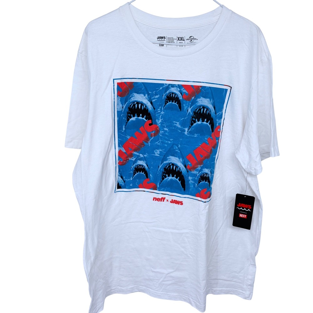 NEW‎ Neff x Jaws Graphic T Shirt Men's XXL White Sharks Universal Cotton
